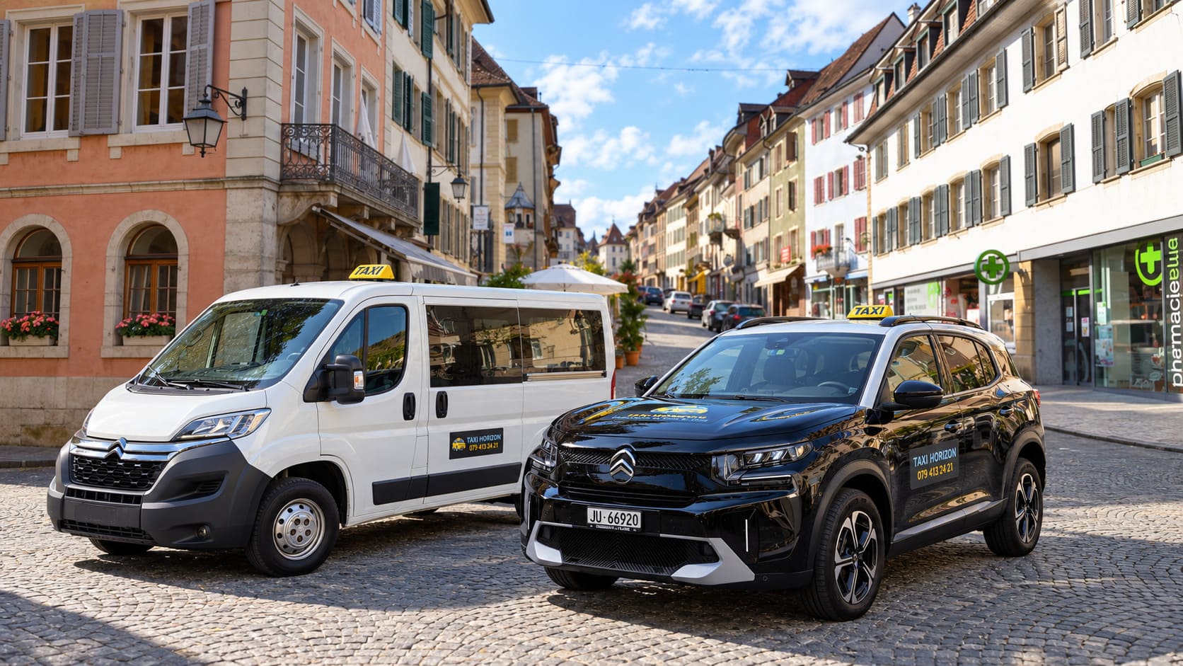 Minibus blanc et Citroën noire Taxi Horizon dans le centre de Porrentruy, Jura suisse